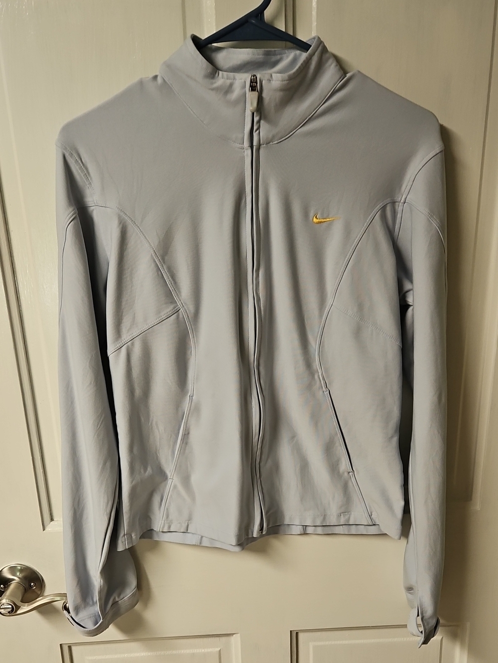 Nike Men’s Light Gray Zip-Up Performance Jacket with Yellow Swoosh
